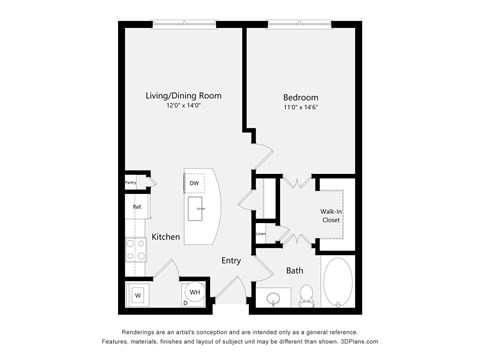 Floor plan for 1 bed, 1 bath, 668 sqft